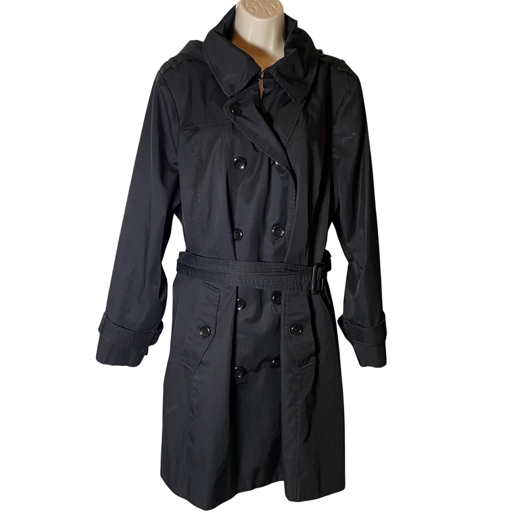 London Fog Womens Trench Coat Size 2X Black Double Breasted Removable Hood